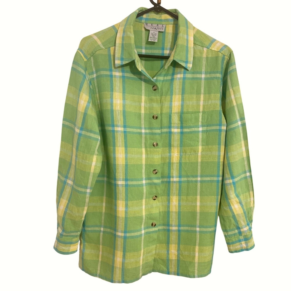 Oversized 100% Linen Plaid Button Down Shirt Small Coastal Green - Picture 1 of 3